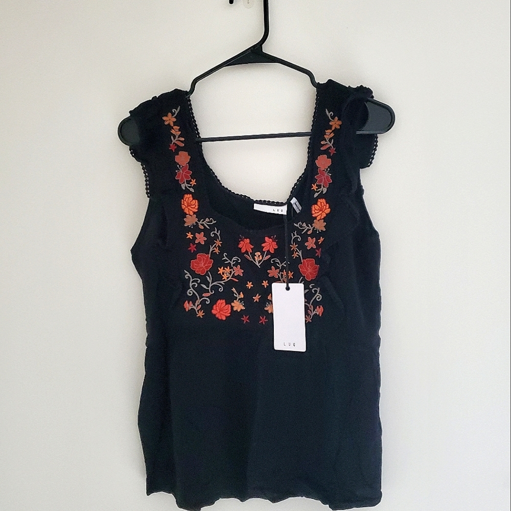 Black Sleeveless Top with Red & Orange Floral Embroidery